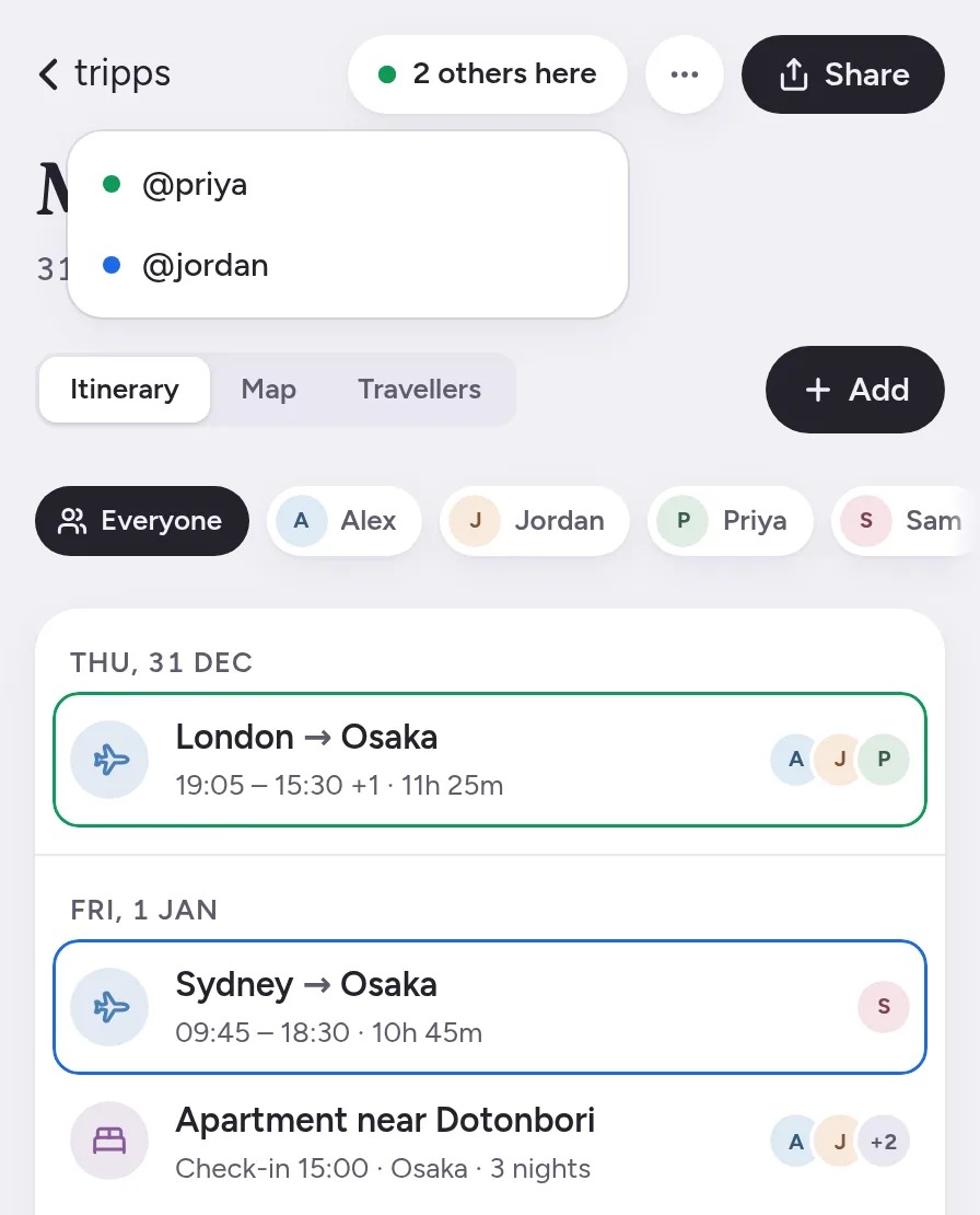 Two others in a tripp to Japan, each changing a flight that’s outlined in their colour.